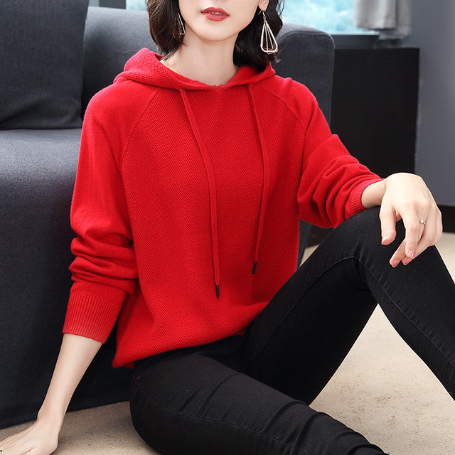 Cashmere sweater for women loose outerwear new autumn and winter thickened knitted hooded 100% pure cardigan red sweater