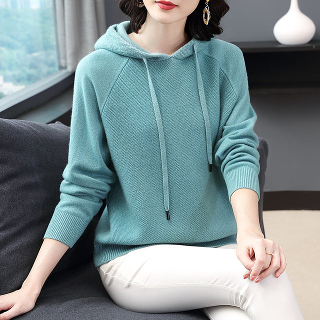 Cashmere sweater for women loose outerwear new autumn and winter thickened knitted hooded 100% pure cardigan red sweater