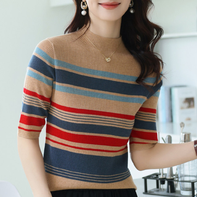 Round-neck cardigan in autumn and winter new style inner wear warm rainbow striped design sweater mother's base shirt trendy