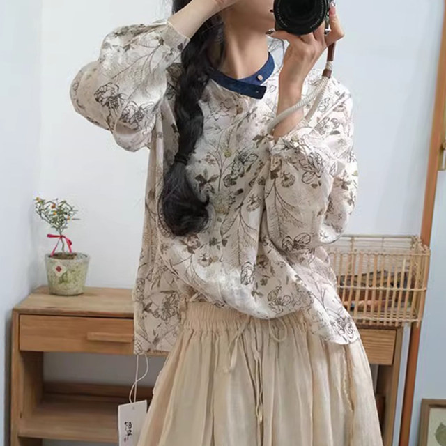 Ancient and colored retro stand collar loose large size cardigan shirt single-breasted long sleeve floral linen shirt women's spring