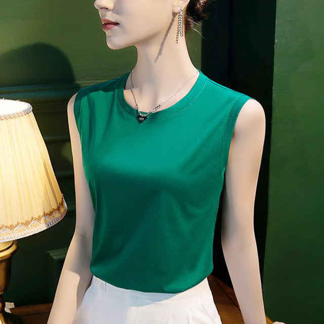 80 mercerized cotton white t loose casual round neck T-shirt for women's cotton t white sleeveless vest 2025 summer women's clothing