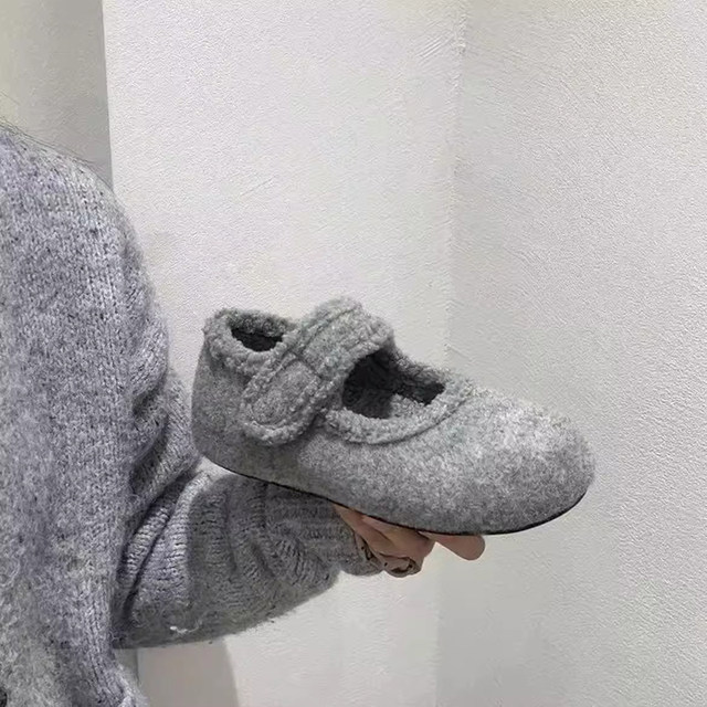 Inner heightening skirt with warm plus velvet Mary Jane fur shoes for women 2025 autumn and winter single shoes cotton shoes woolen material soft bottom