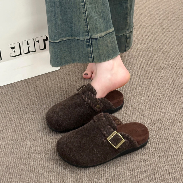 Retro woolen toe-cap half slippers for women's outer wear 2025 autumn and winter new style slip-on thick sole plus plush felt Birkenstock shoes