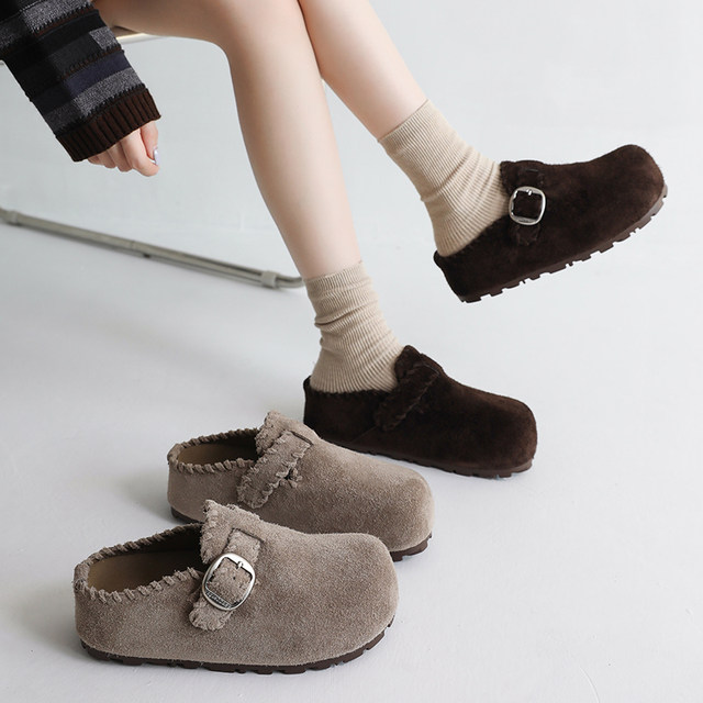 Retro inner increased suede leather Birkenstock shoes toe cap half slippers for women 2025 autumn new one-legged Birkenstock shoes