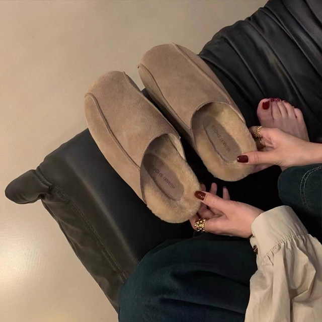 Thick-soled Birkenstocks lazy fur slippers bag-toe half-slippers for women wearing 2025 autumn and winter new style one-legged cotton-padded