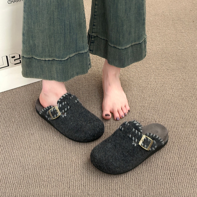 Retro woolen toe-cap half slippers for women's outer wear 2025 autumn and winter new style slip-on thick sole plus plush felt Birkenstock shoes