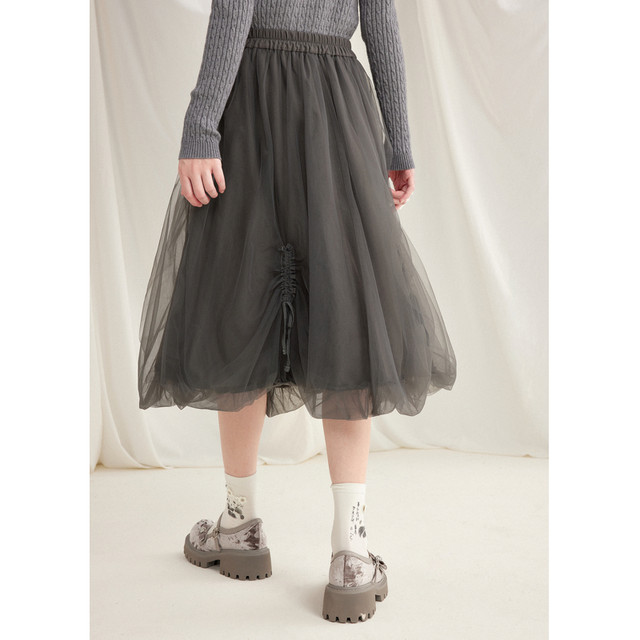 
Zihan mesh flower bud skirt for women in spring and autumn new sweet pleated beef tendon high waist casual gray A-line skirt