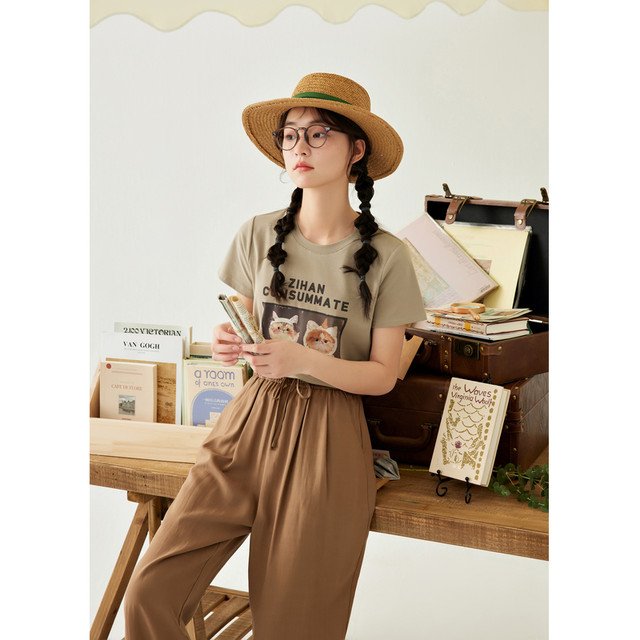 Zihan cartoon letters cat printed T-shirt for women in summer new style loose and versatile round neck short-sleeved top