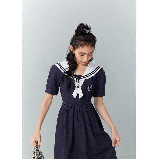 Zihan college style dress women's summer new Japanese casual navy collar tie waist short-sleeved mid-length skirt
