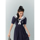 Zihan college style dress women's summer new Japanese casual navy collar tie waist short-sleeved mid-length skirt