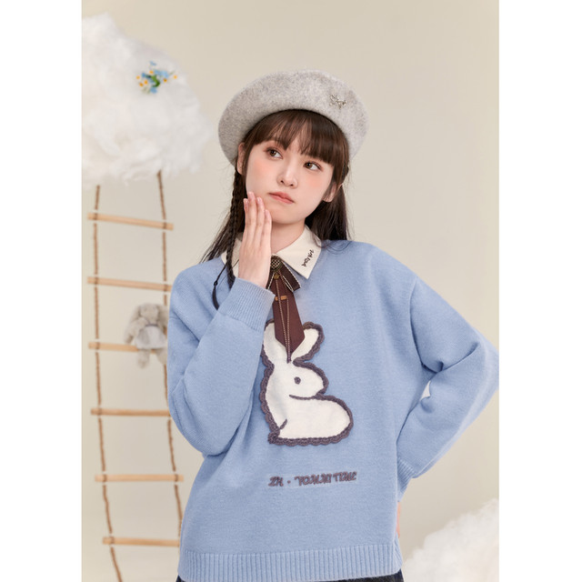 Zihan round neck loose pullover patch embroidered letter sweater for women in winter new sweet and cute rabbit casual top
