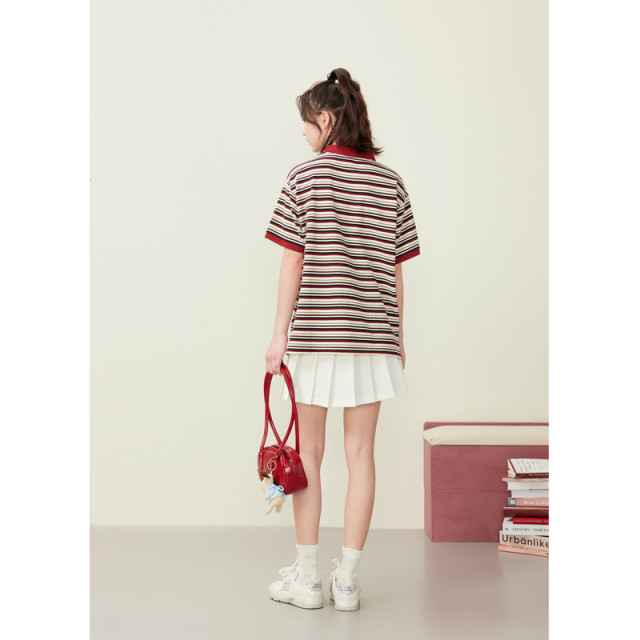 Purple-Han Red Striped POLO Shirt for Women 2025 Summer New Navigation American College Style Loose Short Sleeve T-Shirt