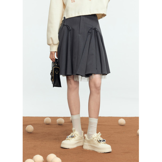 Zihan bow pleated skirt for women in autumn new design sense casual high waist A-line mesh splicing short skirt
