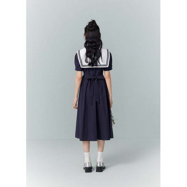 Zihan college style dress women's summer new Japanese casual navy collar tie waist short-sleeved mid-length skirt