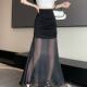 
Real-life shots and real-price spot design-sensing mesh splicing hip skirt Korean style wrinkled versatile long skirt fishtail skirt