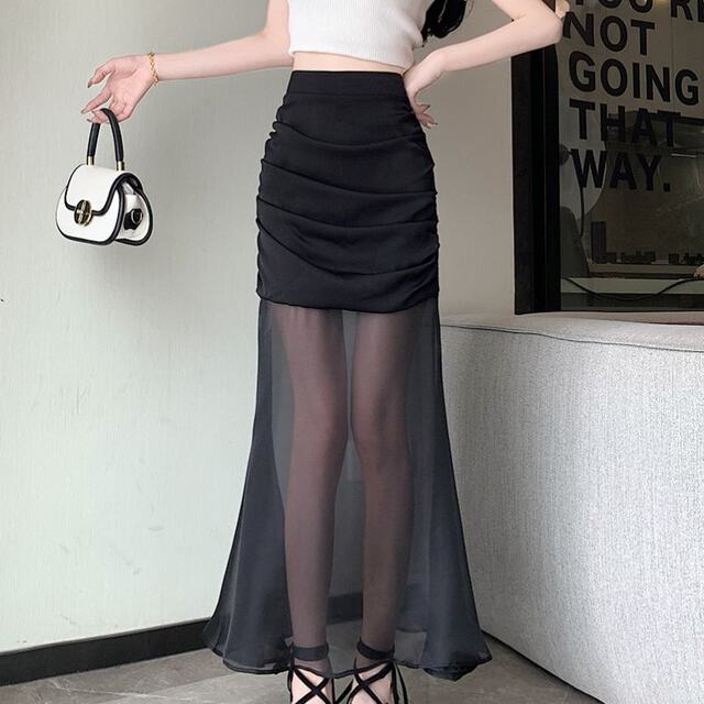 
Real-life shots and real-price spot design-sensing mesh splicing hip skirt Korean style wrinkled versatile long skirt fishtail skirt