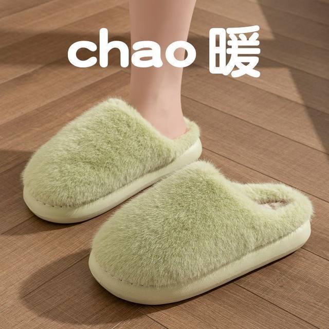 2025 new plush cotton slippers for women, autumn and winter home indoor warm toe-toe slippers, thick-soled non-slip cotton shoes