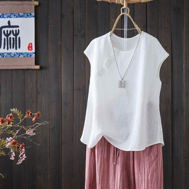 I-shaped summer solid color literary suspender large size vest vest women's cotton linen loose casual and versatile base top
