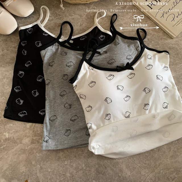 Kitty cat printed suspender vest for women with breast pads, slim and pure hot girl with inner top, summer