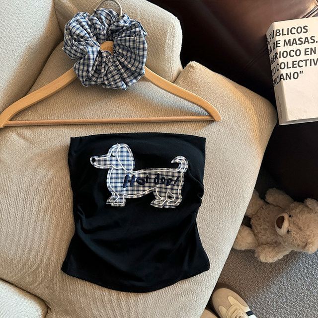 Puppy embroidered suspender vest for women with breast pad Thai hot girl one-shoulder strapless top summer wrapping breasts