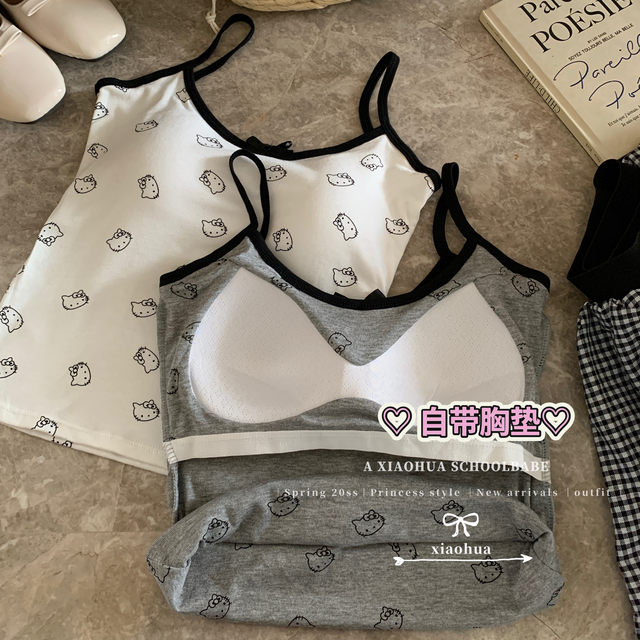 Kitty cat printed suspender vest for women with breast pads, slim and pure hot girl with inner top, summer
