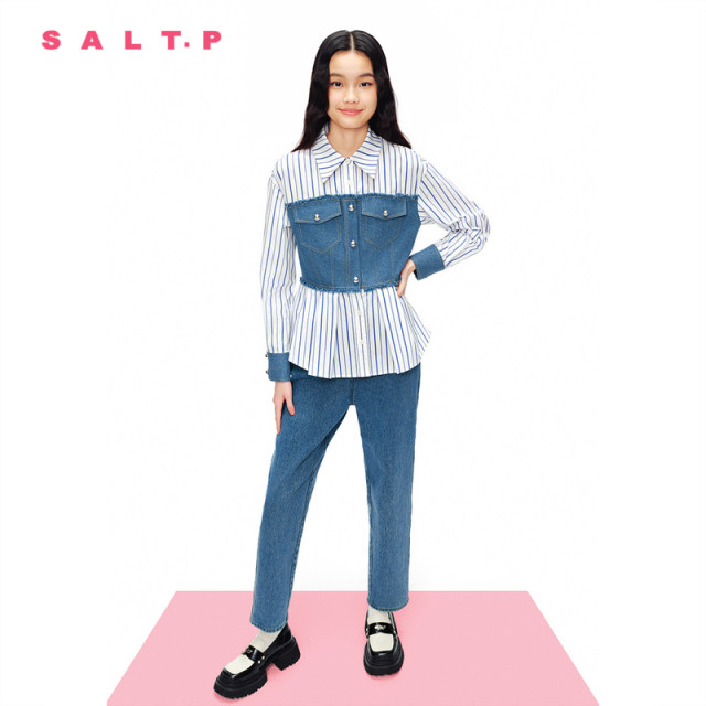 SALT.P Keyan 2024 Spring Academy Style Rebellious Denim Denim Spliced ​​Striped Shirt
