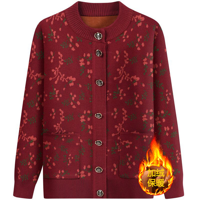 Grandma's winter velvet sweater, middle-aged and elderly women's knitted sweater coat, autumn and winter clothing, elderly clothes, mother's top