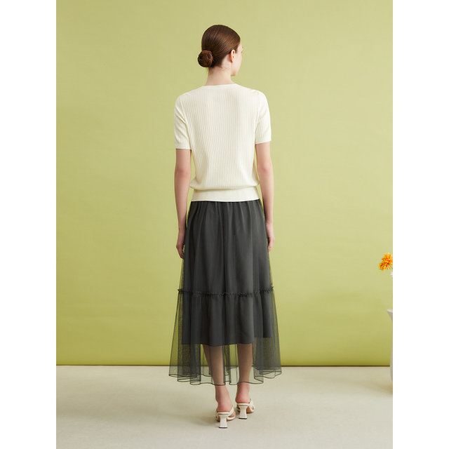 YINER special selection of 2024 summer new commuter mid-length mesh spliced ​​A-line skirt

