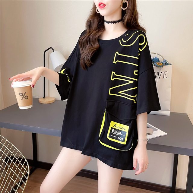 2024 summer new style pocket short-sleeved t-shirt women's loose large size women's design belly-covering slimming half-sleeved top