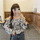 2025 new long-sleeved square collar waist-closed short floral strapless top for women in spring and autumn design, off-shoulder one-length collar