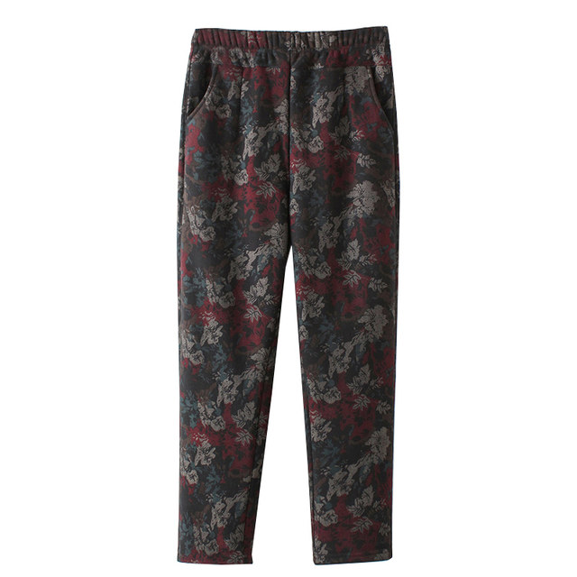 Middle-aged and elderly people in autumn loose large size mother pants high waist autumn and winter grandma flower pants outside wife tight