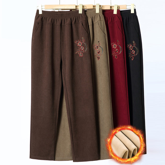 Mother's spring and autumn trousers straight corduroy trousers for small people autumn and winter plus velvet for middle-aged and elderly women's trousers grandma red