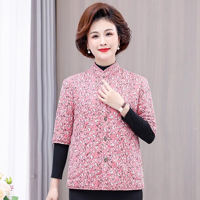 Mom's autumn and winter thin cotton coat, short vest, middle-aged and elderly women's clothing, mid-sleeve floral warm velvet jacket