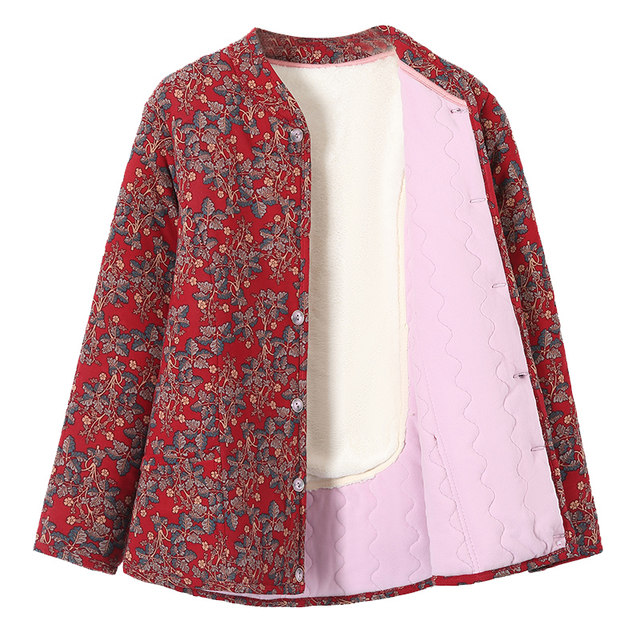 Grandma's winter coat, warm and thin cotton-padded jacket, middle-aged and elderly mother's coat, elderly woman's cardigan, cotton-padded coat with velvet