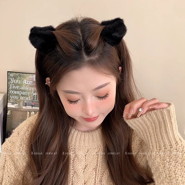 
Small bangs cat ear clip female high-end cute princess head autumn and winter hair clip forehead plush hairpin headdress