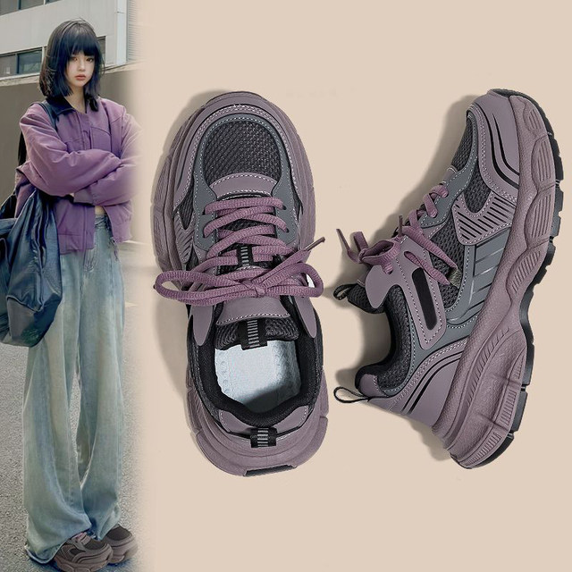 Popular Raspberry Purple Daddy Shoes for Women 2024 New Ins versatile Student School Season Thick Sole Sports Casual Shoes