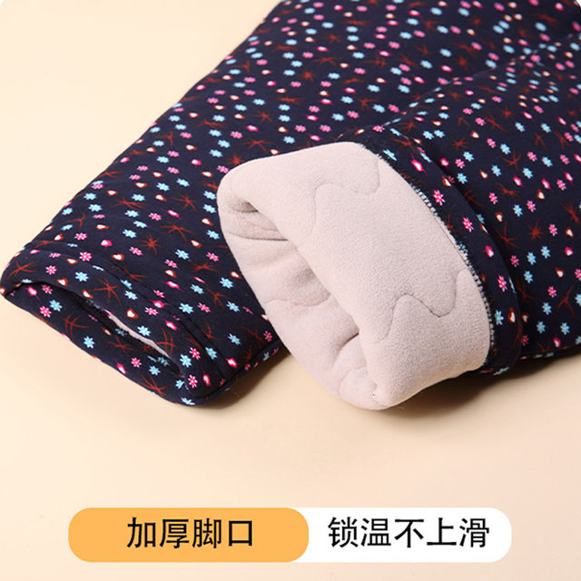 Elderly women's pants autumn and winter plus velvet thickened grandma preserved warm cotton pants, waist -care, lamina, mother flower pants outside wearing
