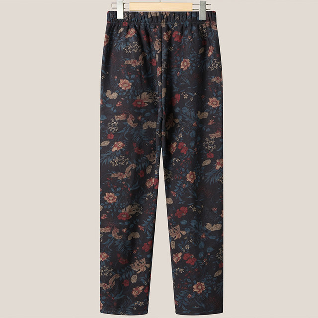 Middle-aged and elderly autumn and winter plus velvet loose plus size mom pants high waist spring and autumn granny flower pants elastic casual pants