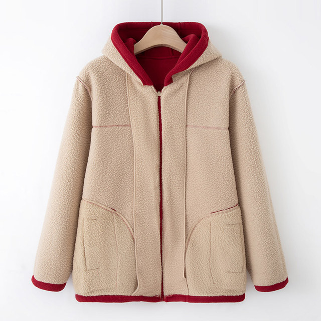 Mom's autumn and winter fleece coat loose polar fleece hooded sweatshirt for women grandma clothes middle-aged and elderly clothes cardigan for women