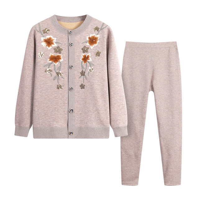 Mother's thermal underwear set with velvet and thickening for middle-aged and elderly women's autumn and winter women's clothes grandma's winter red cardigan