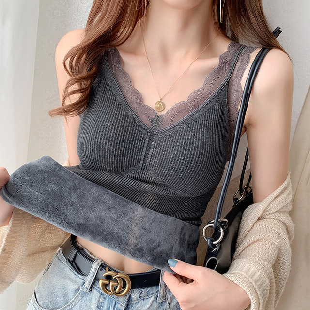Warm suspender vest for women in autumn and winter plus velvet thickened inner layer base lace integrated velvet top fluffy outside wear