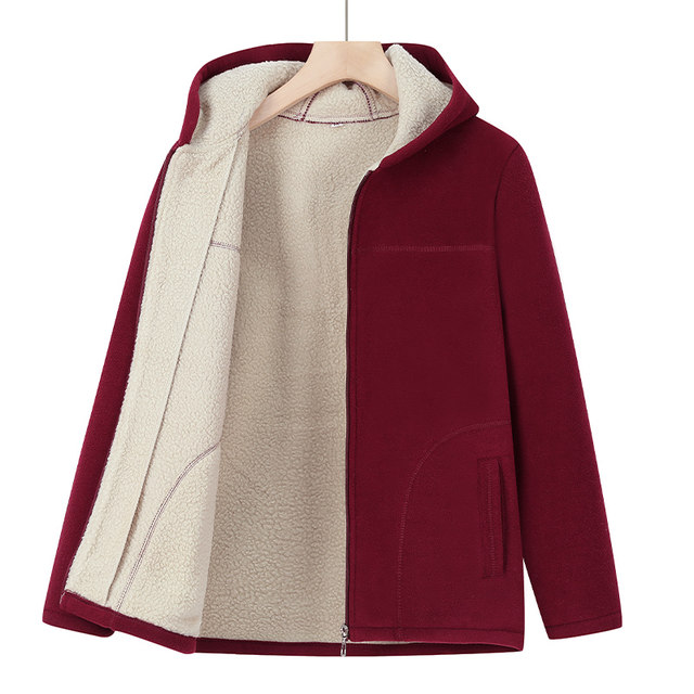 Mom's autumn and winter fleece coat loose polar fleece hooded sweatshirt for women grandma clothes middle-aged and elderly clothes cardigan for women