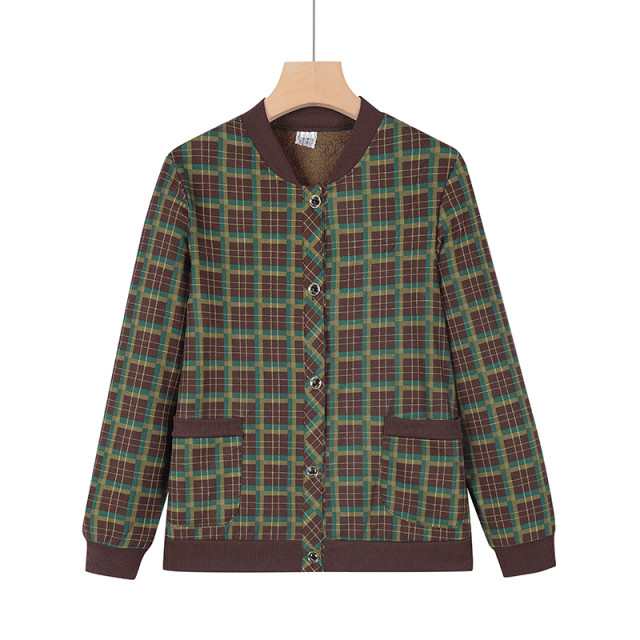 Middle-aged and elderly autumn and winter coat grandma hound plus velvet cardigan top mother round neck thin casual short jacket