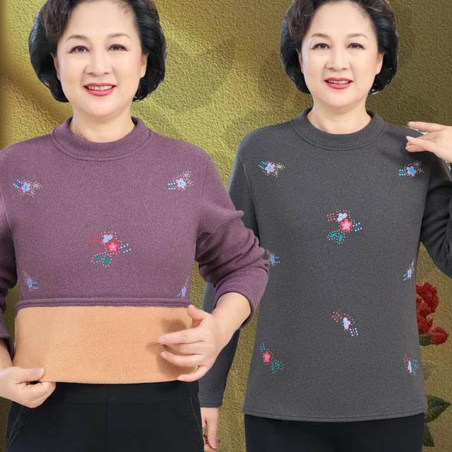 Grandma's velvet base shirt autumn and winter new style middle-aged and elderly women's warm mid-collar T-shirt stretch-thick top

