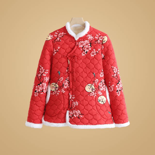 Ethnic style northeastern flower cotton-padded jacket for middle-aged and elderly women, plus velvet and thickening, retro buttoned cotton-padded clothes for mothers, national-style small cotton-padded clothes