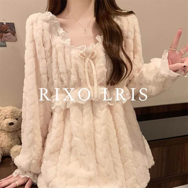 
RIXO LRIS French coral velvet pajamas suit for women in autumn and winter lace thickened waist warm new home clothes