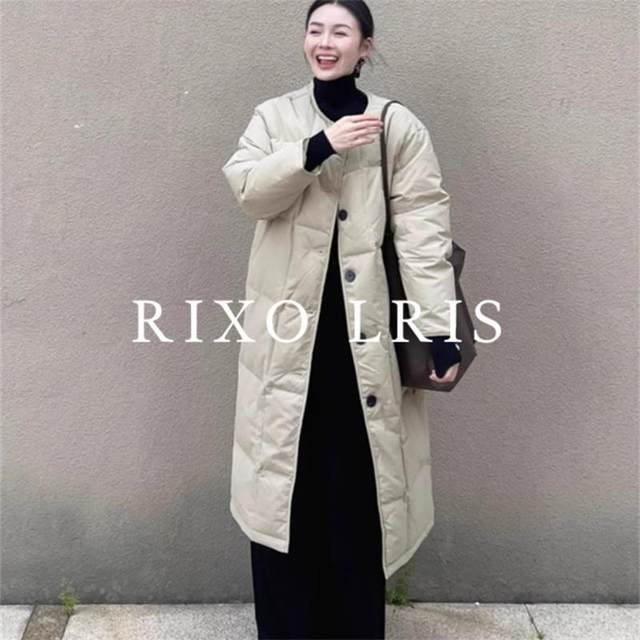 
RIXO LRIS French solid color thickened round collar plaid white duck down jacket for women all-match autumn and winter long coat