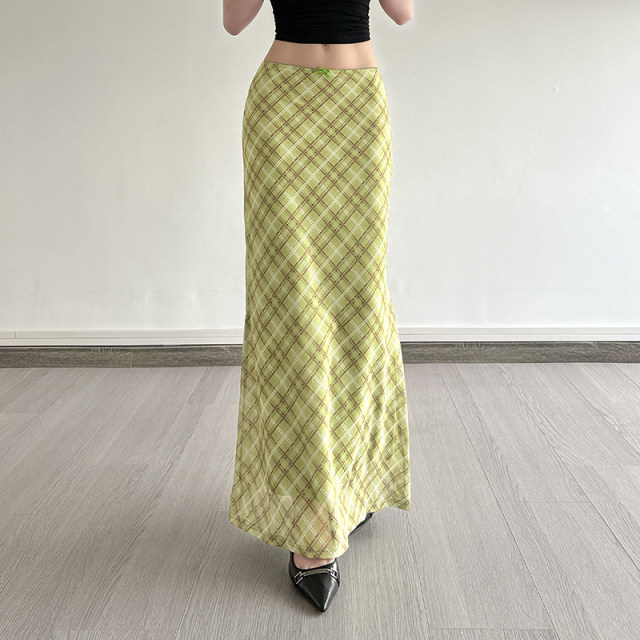 HEYOUNGIRL Summer Mambo Contrast Color Checker Green Mesh Skirt Fresh Retro Vintage Hip-cover Long Skirt