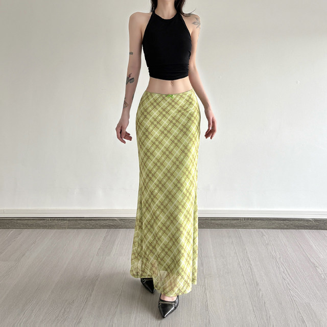 HEYOUNGIRL Summer Mambo Contrast Color Checker Green Mesh Skirt Fresh Retro Vintage Hip-cover Long Skirt