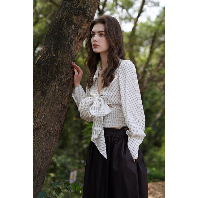 miorastudio French retro polka dot white shirt for women with niche design spring strap bow top